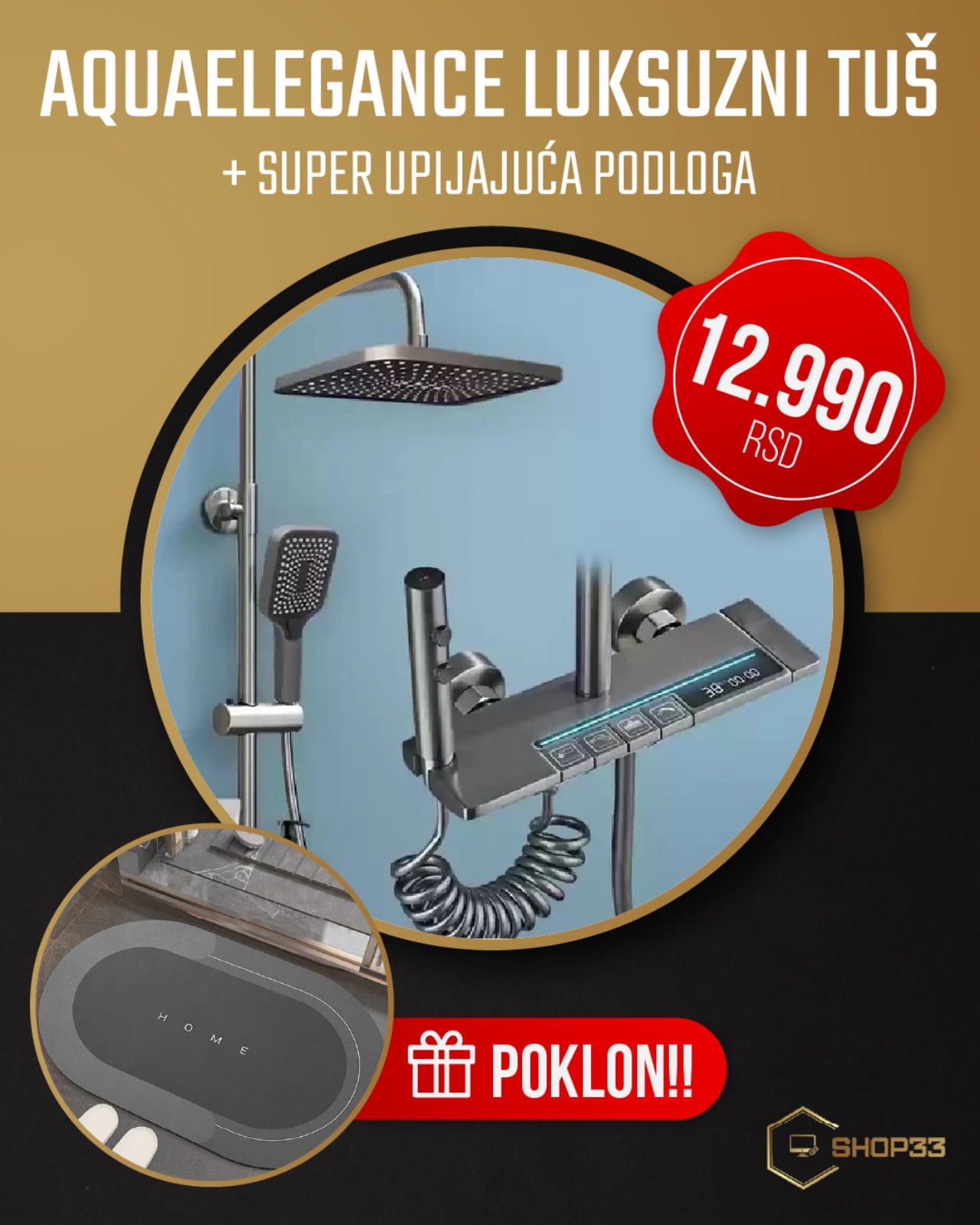 Aqua Elegance luksuzni tuš set sa displejom + poklon super upijajuća podloga